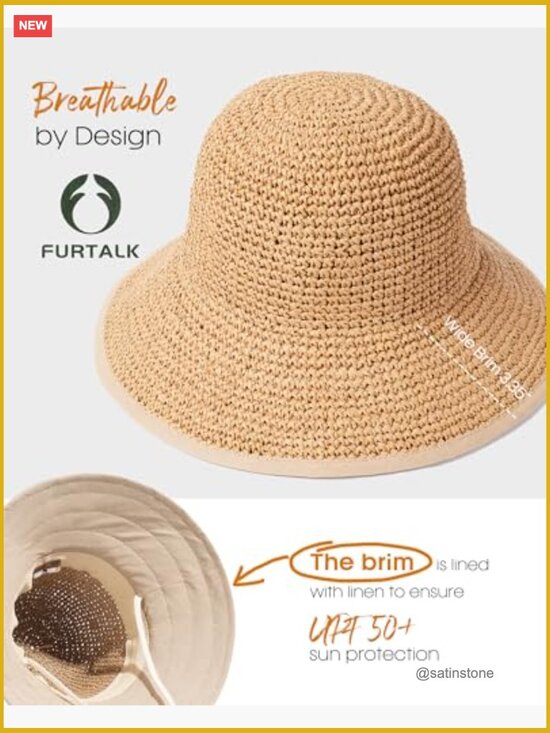 Foldable Paper Straw Sun Hat Wide Brim UPF 50 Travel Beach Hat with Chin Strap main image 6